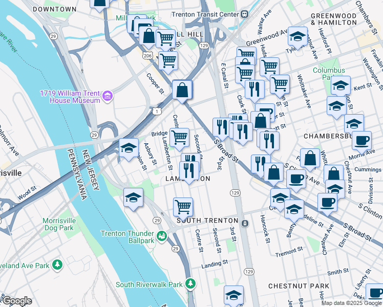 map of restaurants, bars, coffee shops, grocery stores, and more near 114 Furman Street in Trenton