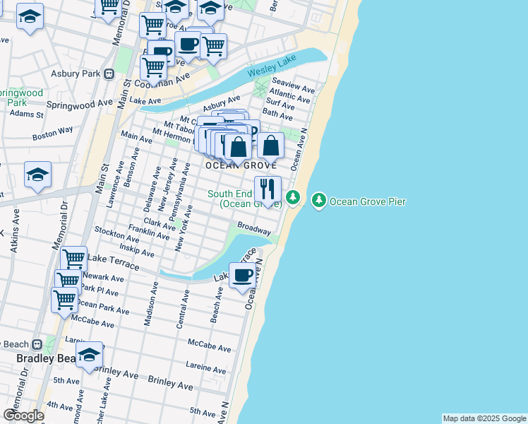 map of restaurants, bars, coffee shops, grocery stores, and more near 20 Embury Avenue in Neptune Township