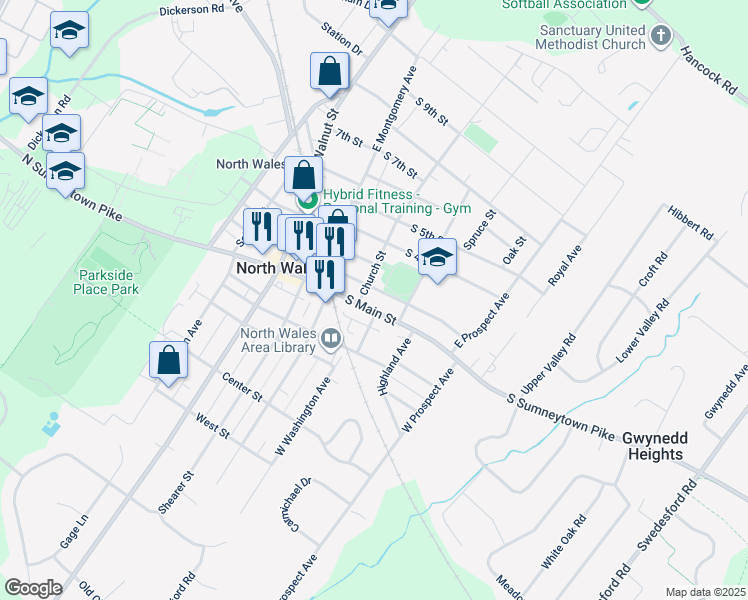 map of restaurants, bars, coffee shops, grocery stores, and more near 222 Church Street in North Wales