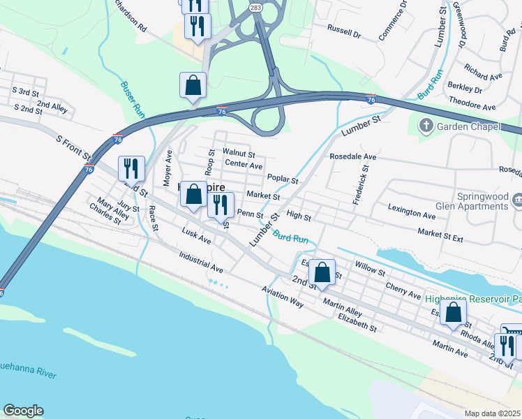 map of restaurants, bars, coffee shops, grocery stores, and more near 277 Market Street in Highspire