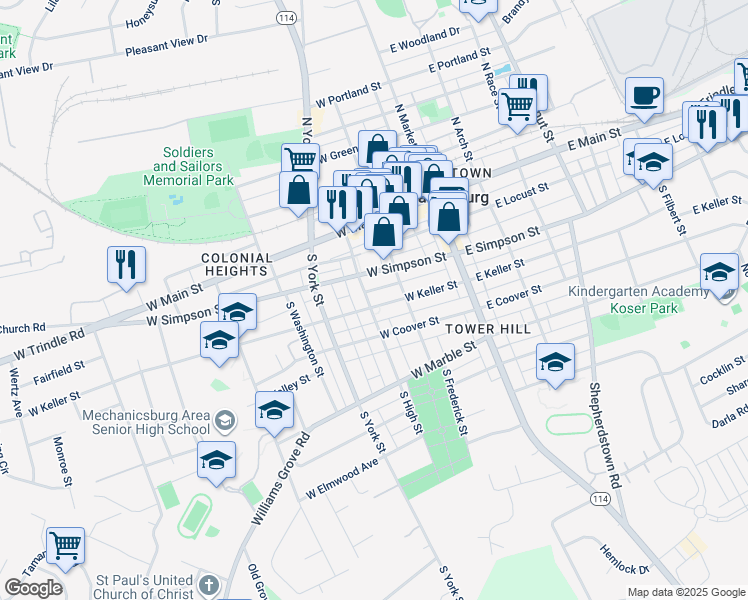 map of restaurants, bars, coffee shops, grocery stores, and more near 135 West Simpson Street in Mechanicsburg