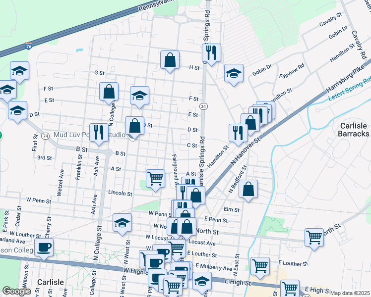 map of restaurants, bars, coffee shops, grocery stores, and more near 16 Carlisle Springs Road in Carlisle