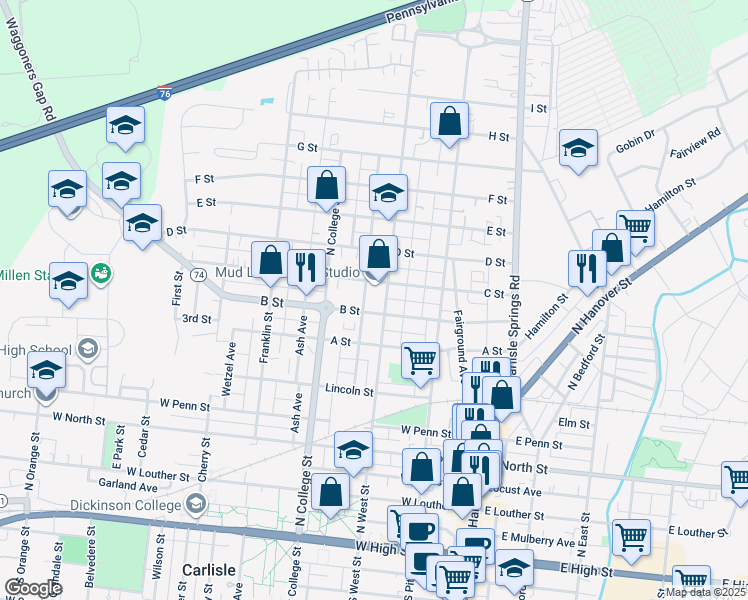 map of restaurants, bars, coffee shops, grocery stores, and more near 636 North West Street in Carlisle