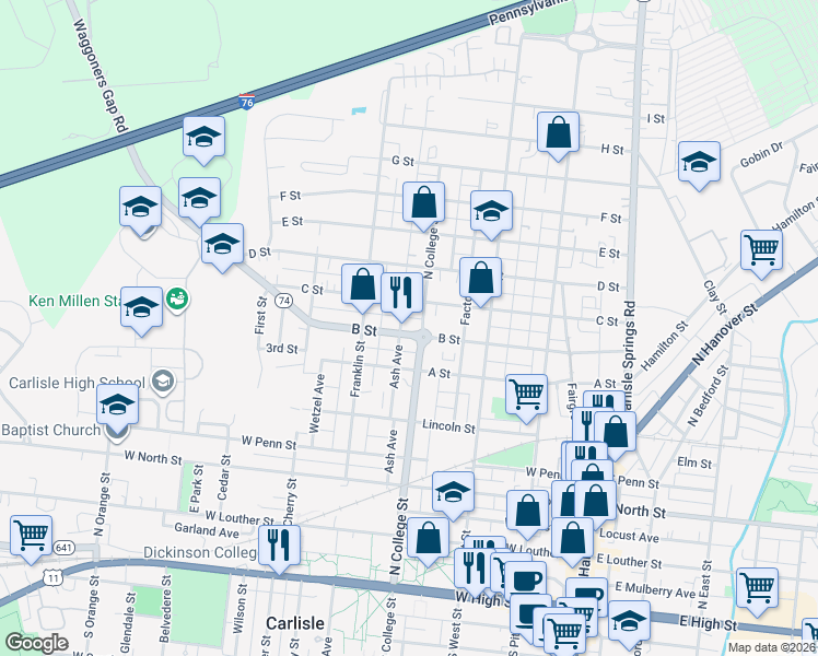 map of restaurants, bars, coffee shops, grocery stores, and more near 330 C Street in Carlisle