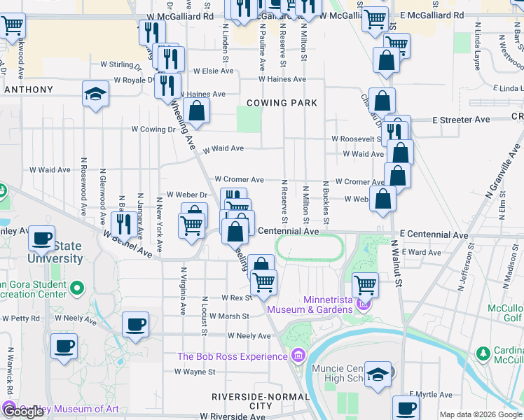 map of restaurants, bars, coffee shops, grocery stores, and more near 717 West Cromer Avenue in Muncie