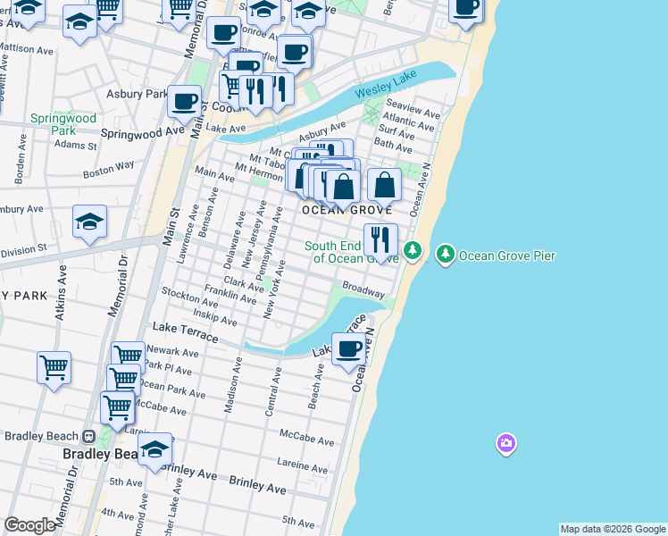 map of restaurants, bars, coffee shops, grocery stores, and more near 44 Webb Avenue in Neptune Township
