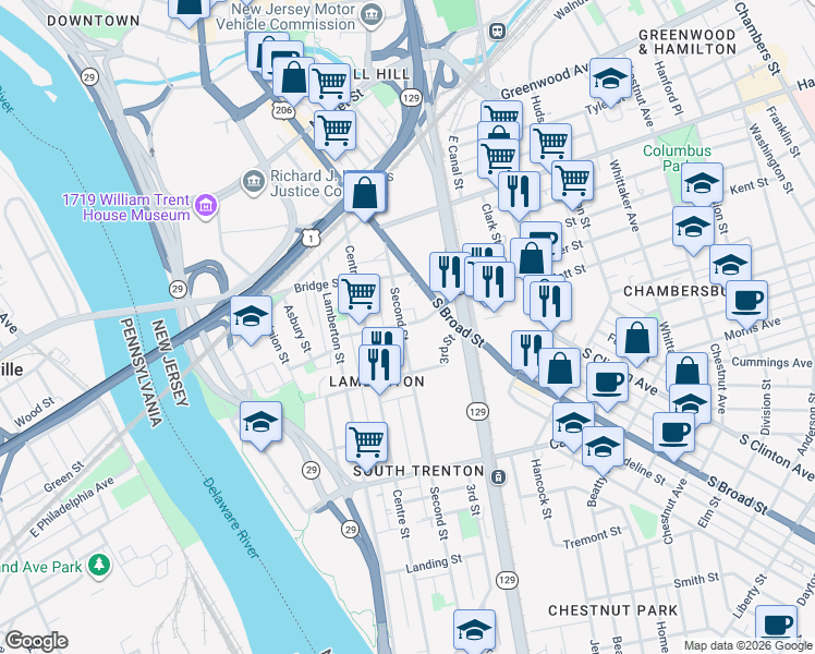 map of restaurants, bars, coffee shops, grocery stores, and more near 202 Second Street in Trenton