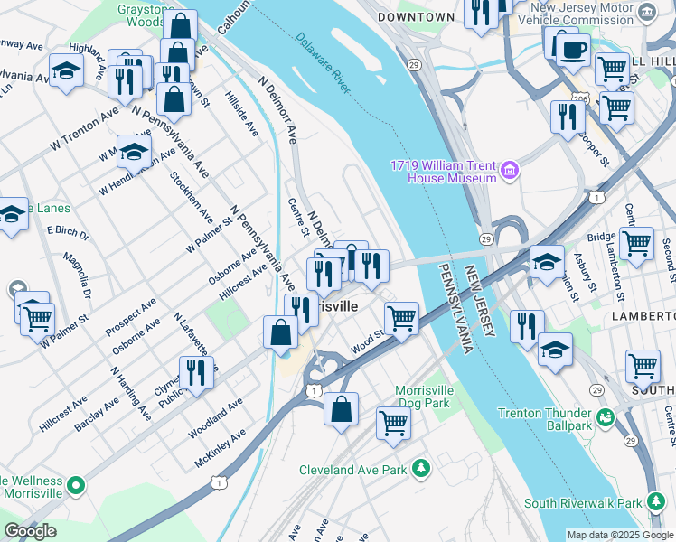 map of restaurants, bars, coffee shops, grocery stores, and more near 39 North Delmorr Avenue in Morrisville