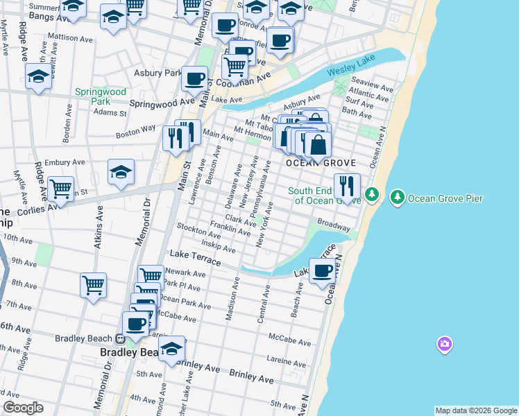 map of restaurants, bars, coffee shops, grocery stores, and more near 88 Abbott Avenue in Monmouth County