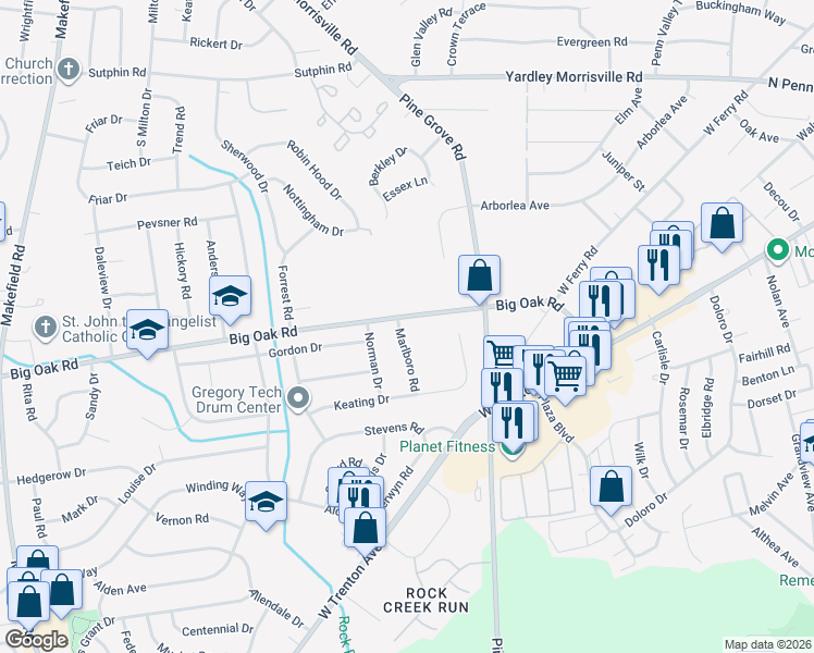 map of restaurants, bars, coffee shops, grocery stores, and more near 326 Big Oak Road in Morrisville