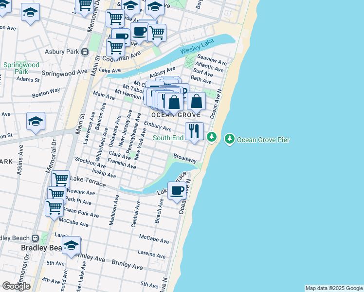 map of restaurants, bars, coffee shops, grocery stores, and more near 20 Embury Avenue in Neptune Township
