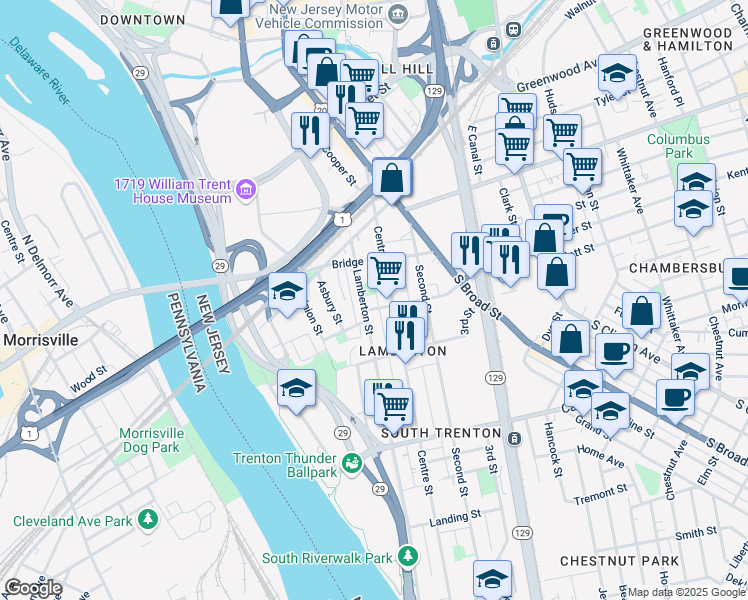 map of restaurants, bars, coffee shops, grocery stores, and more near 35 Hills Place in Trenton
