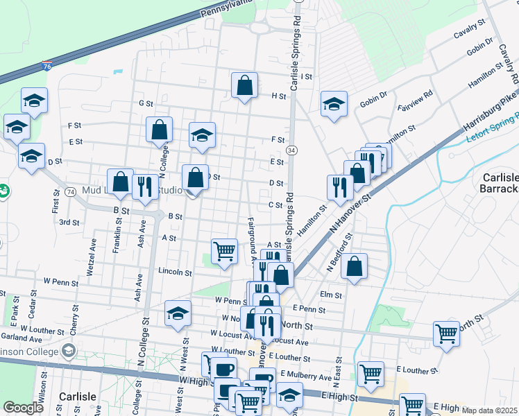 map of restaurants, bars, coffee shops, grocery stores, and more near 39 Skip Lane in Carlisle