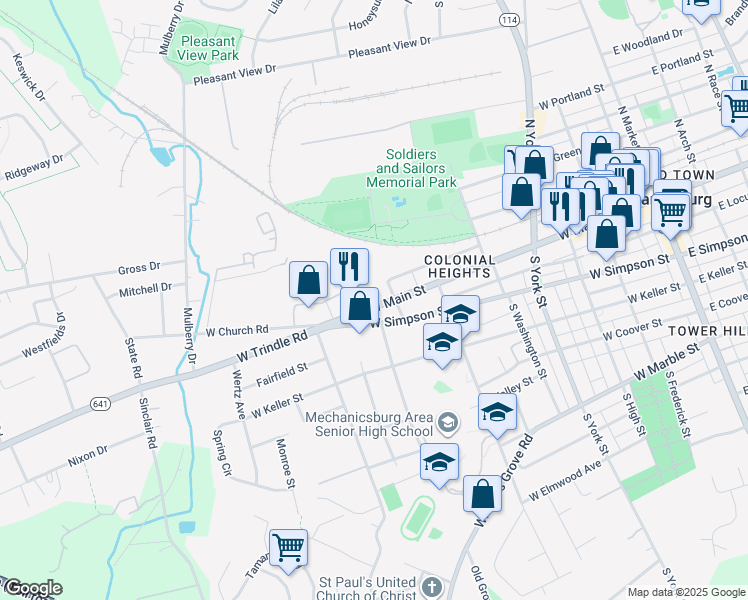 map of restaurants, bars, coffee shops, grocery stores, and more near 616 West Main Street in Mechanicsburg