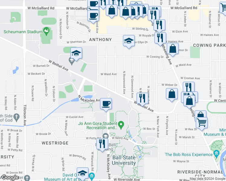 map of restaurants, bars, coffee shops, grocery stores, and more near 1806 West Bethel Avenue in Muncie