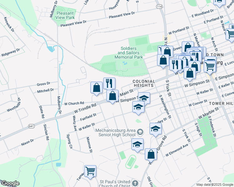 map of restaurants, bars, coffee shops, grocery stores, and more near 616 West Main Street in Mechanicsburg