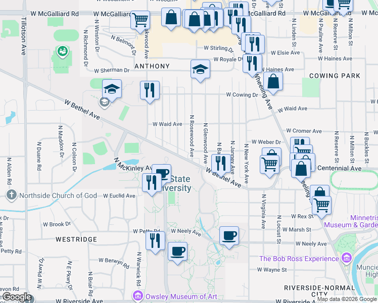 map of restaurants, bars, coffee shops, grocery stores, and more near 1900 North Rosewood Avenue in Muncie