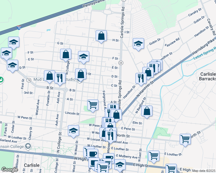map of restaurants, bars, coffee shops, grocery stores, and more near 39 Skip Lane in Carlisle