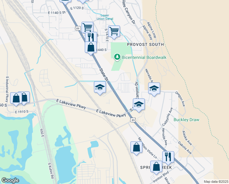 map of restaurants, bars, coffee shops, grocery stores, and more near 1705 South State Street in Provo