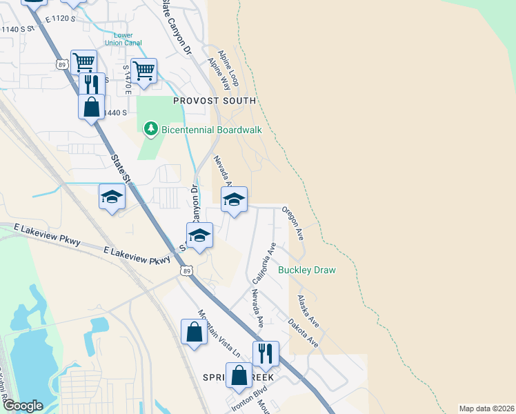 map of restaurants, bars, coffee shops, grocery stores, and more near 1991 Oregon Avenue in Provo