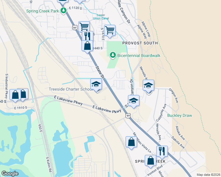 map of restaurants, bars, coffee shops, grocery stores, and more near 1685 South State Street in Provo