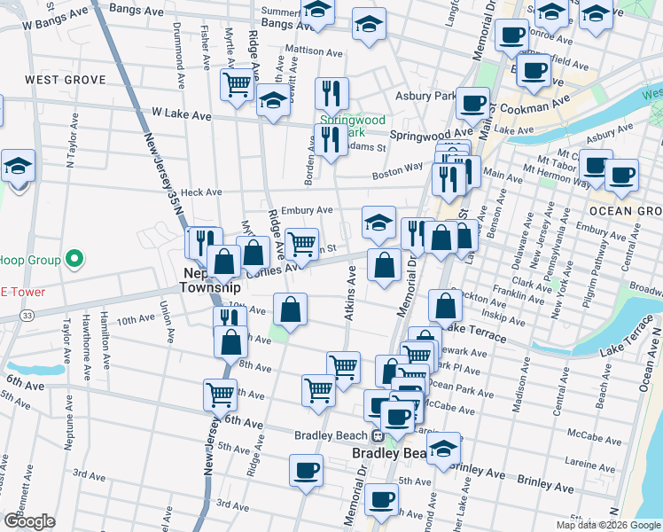 map of restaurants, bars, coffee shops, grocery stores, and more near 1214 Corlies Ave in Neptune Township