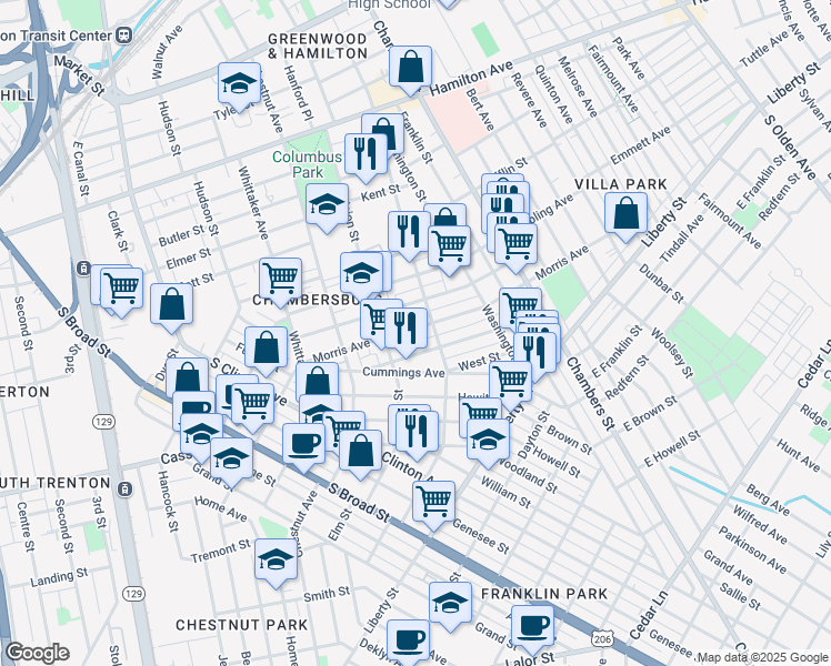 map of restaurants, bars, coffee shops, grocery stores, and more near 433 Emory Avenue in Trenton