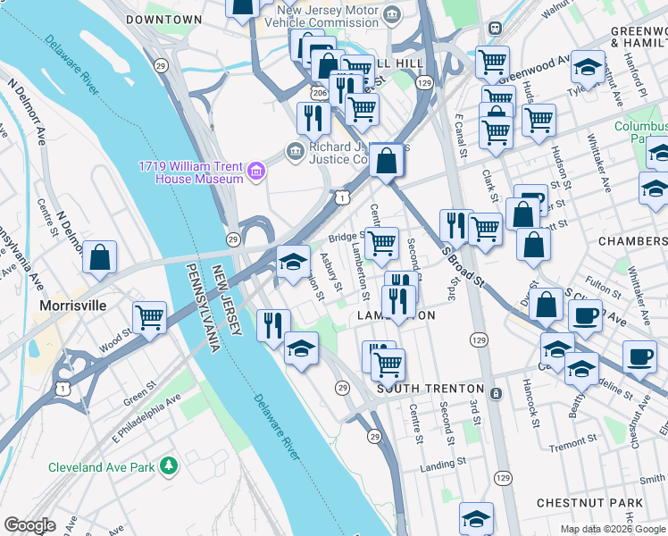 map of restaurants, bars, coffee shops, grocery stores, and more near 36 Power Street in Trenton