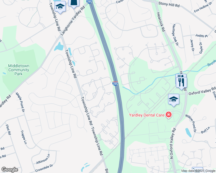map of restaurants, bars, coffee shops, grocery stores, and more near 2402 Waterford Road in Yardley