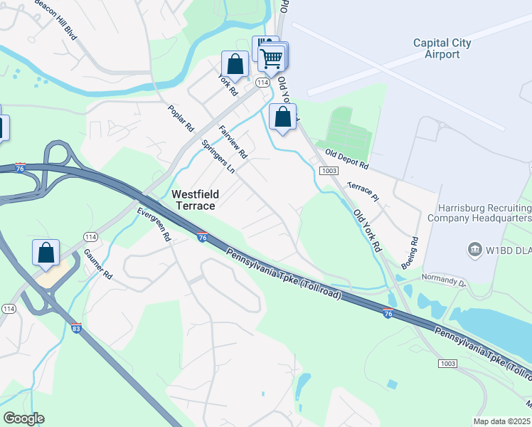 map of restaurants, bars, coffee shops, grocery stores, and more near 42 Springers Lane in New Cumberland