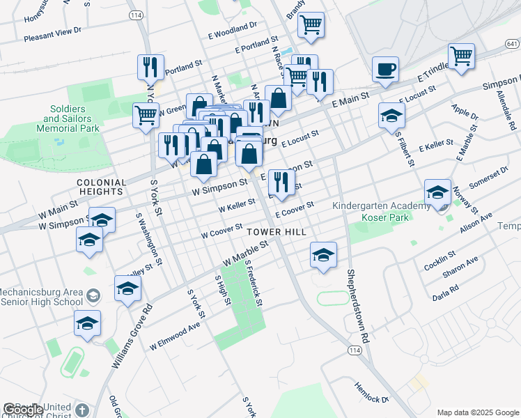 map of restaurants, bars, coffee shops, grocery stores, and more near 222b South Market Street in Mechanicsburg