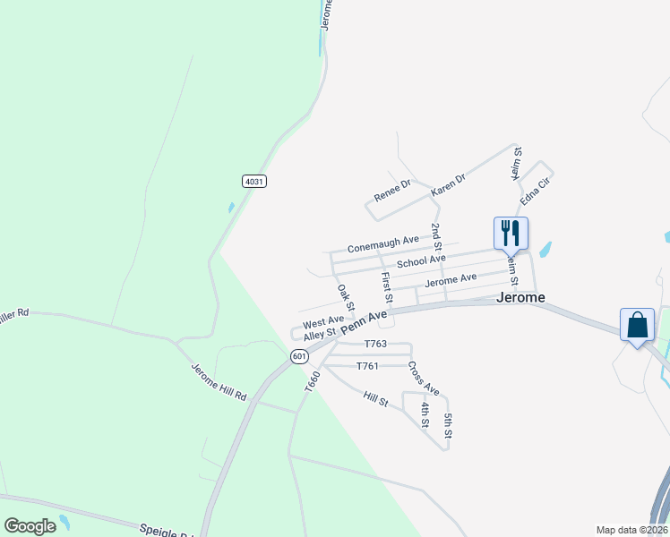 map of restaurants, bars, coffee shops, grocery stores, and more near 105 Oak Street in Jerome