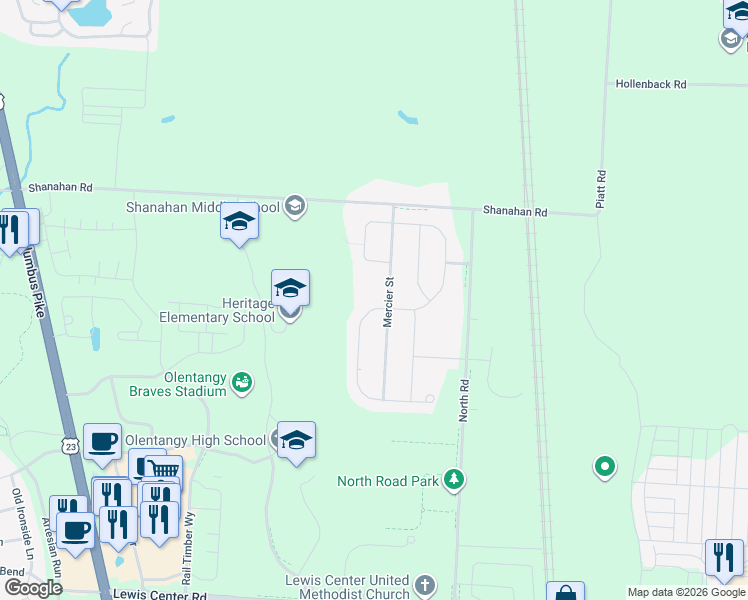 map of restaurants, bars, coffee shops, grocery stores, and more near 5518 Mercier Street in Lewis Center