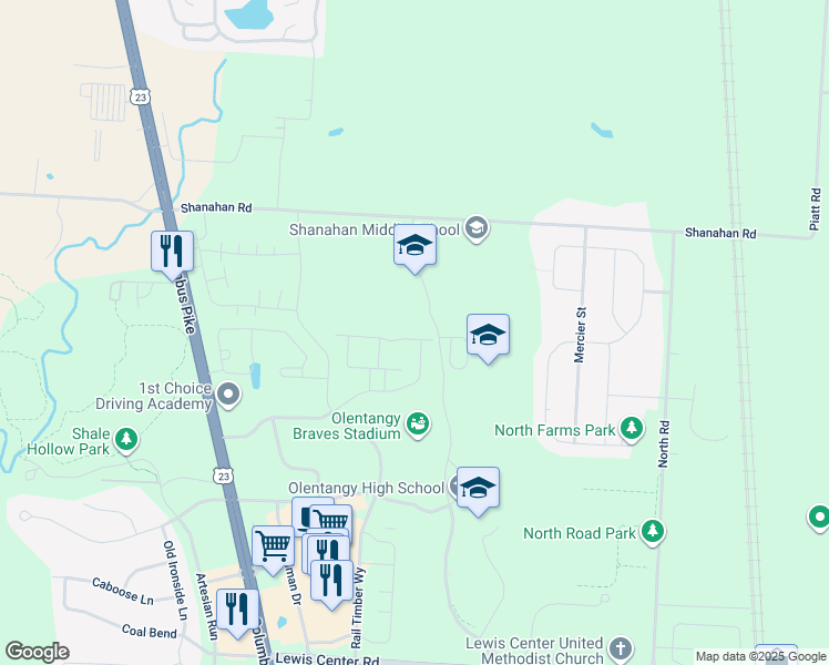 map of restaurants, bars, coffee shops, grocery stores, and more near 687 Wintergreen Way in Lewis Center