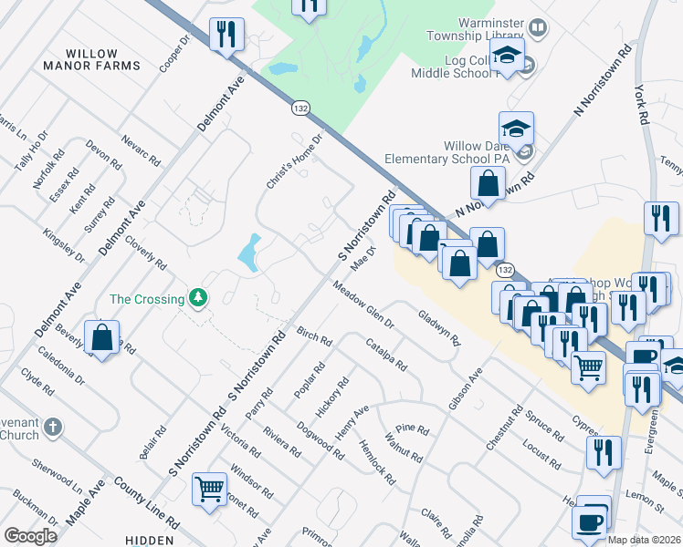 map of restaurants, bars, coffee shops, grocery stores, and more near 410 Mae Drive in Warminster
