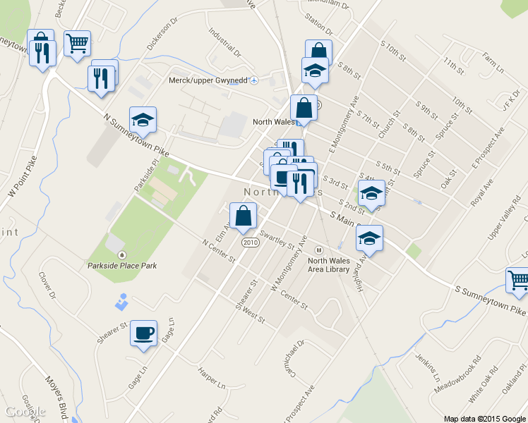 map of restaurants, bars, coffee shops, grocery stores, and more near 134 West Walnut Street in North Wales