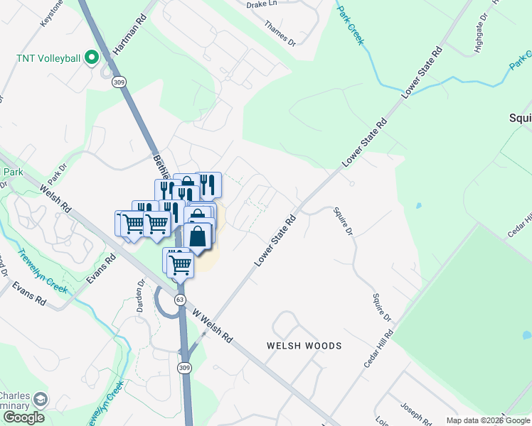 map of restaurants, bars, coffee shops, grocery stores, and more near 700 Lower State Road in North Wales