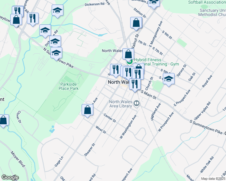 map of restaurants, bars, coffee shops, grocery stores, and more near 134 West Walnut Street in North Wales