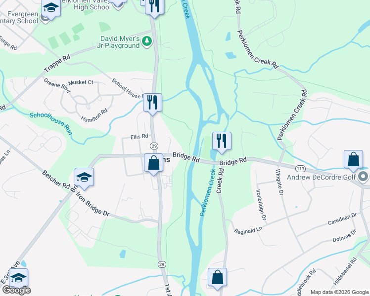 map of restaurants, bars, coffee shops, grocery stores, and more near 435 Bridge Road in Collegeville