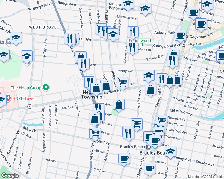 map of restaurants, bars, coffee shops, grocery stores, and more near 152 Division Street in Neptune City