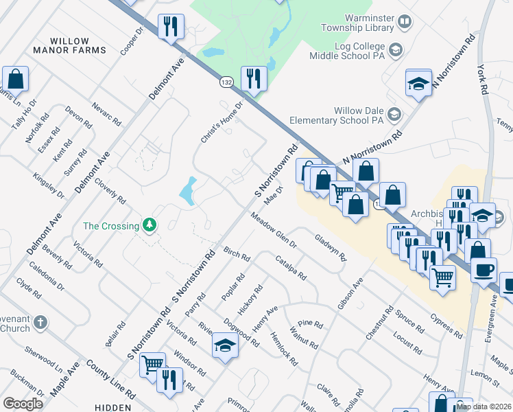 map of restaurants, bars, coffee shops, grocery stores, and more near 410 Mae Drive in Warminster
