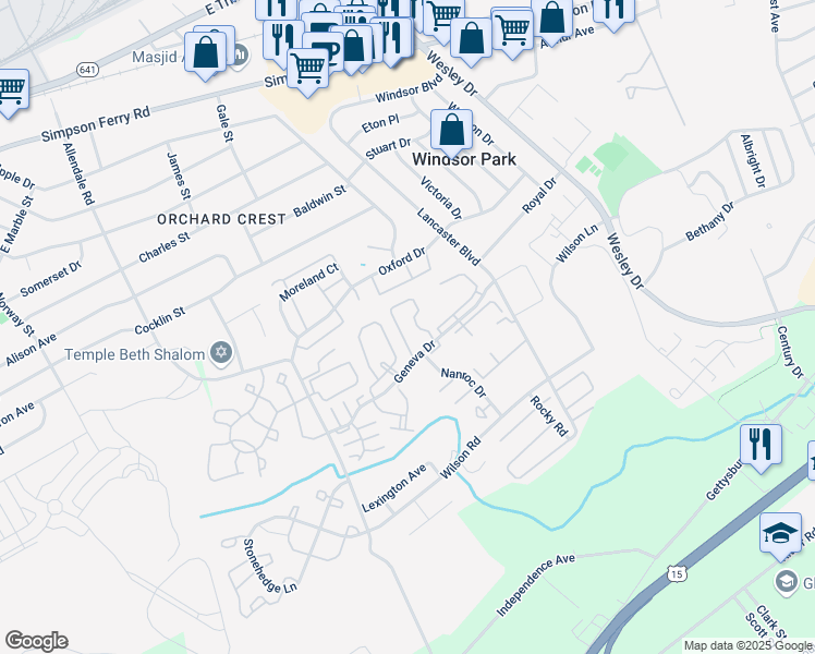map of restaurants, bars, coffee shops, grocery stores, and more near 593 Geneva Drive in Mechanicsburg