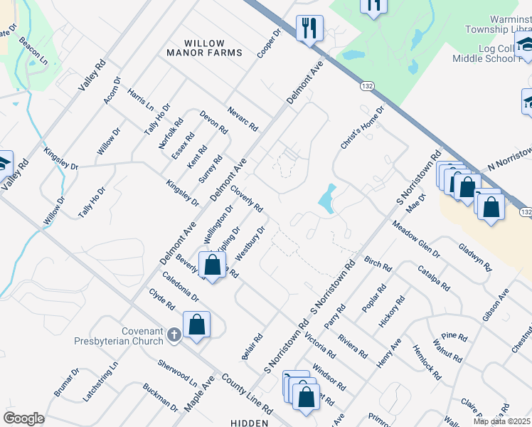 map of restaurants, bars, coffee shops, grocery stores, and more near 1267 Cloverly Road in Warminster