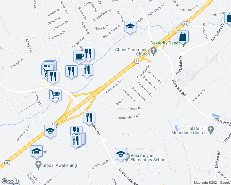 map of restaurants, bars, coffee shops, grocery stores, and more near 41 Scarsdale Drive in Camp Hill