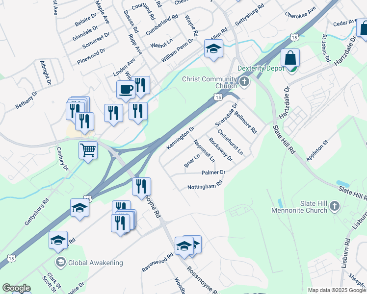 map of restaurants, bars, coffee shops, grocery stores, and more near 41 Scarsdale Drive in Camp Hill