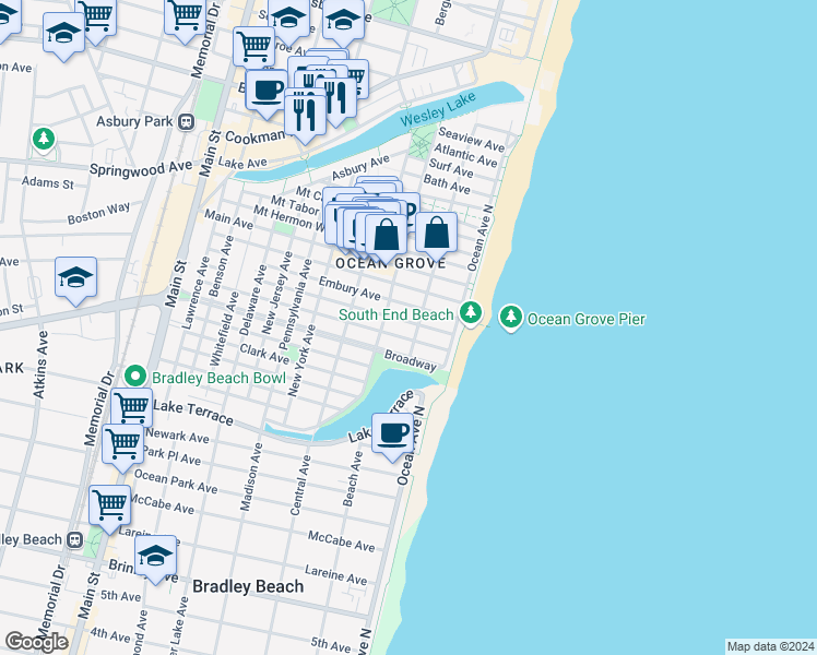 map of restaurants, bars, coffee shops, grocery stores, and more near 20 Embury Avenue in Neptune Township