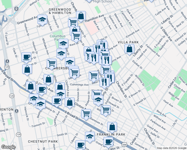 map of restaurants, bars, coffee shops, grocery stores, and more near 375 Morris Avenue in Trenton