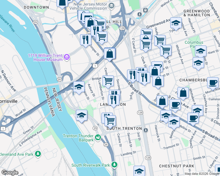map of restaurants, bars, coffee shops, grocery stores, and more near 223 Centre Street in Trenton
