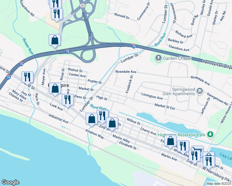 map of restaurants, bars, coffee shops, grocery stores, and more near 380 Market Street Extension in Highspire