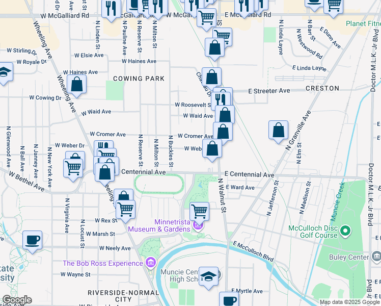 map of restaurants, bars, coffee shops, grocery stores, and more near 110-400 W Weber Dr in Muncie